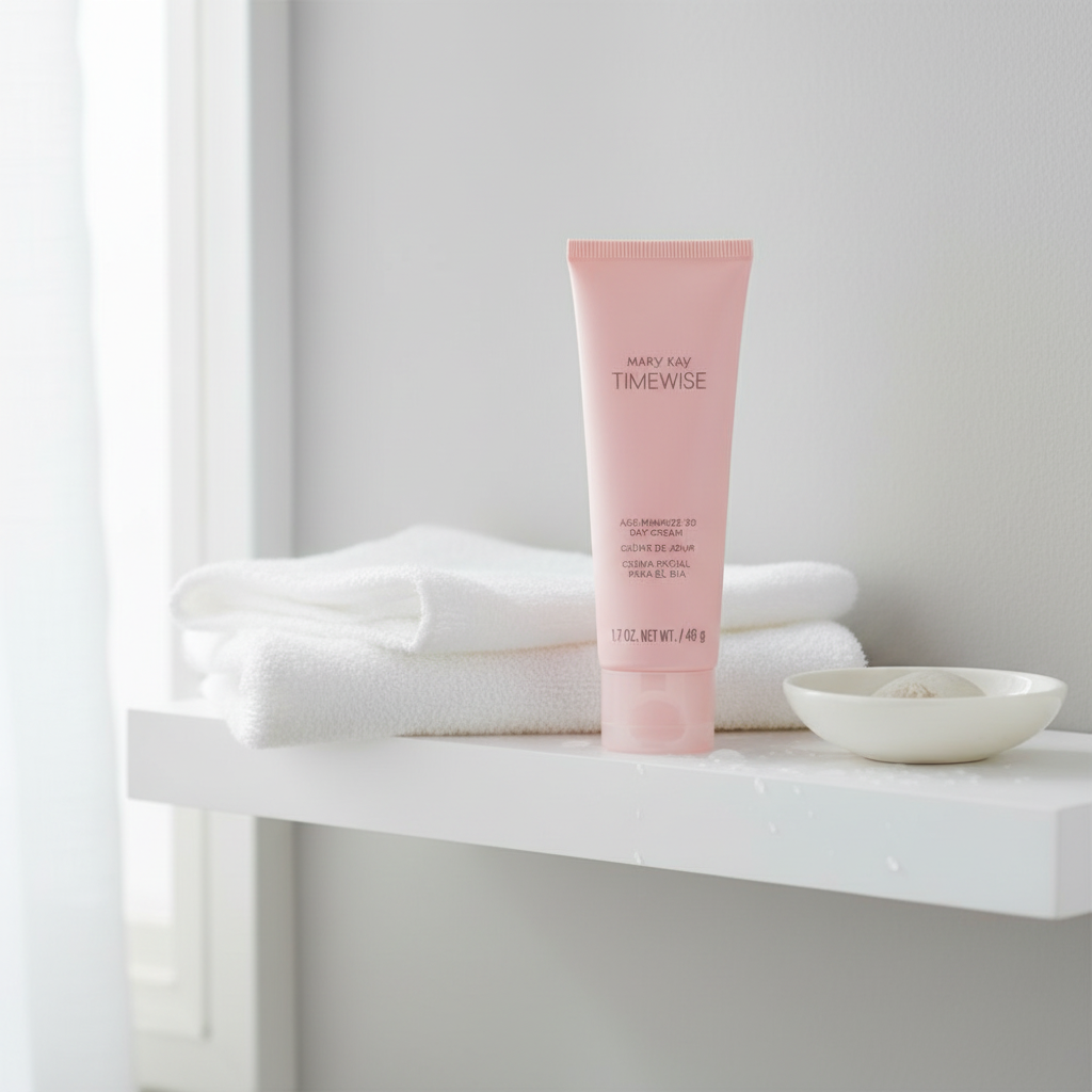 Mary Kay TimeWise Day Cream on bathroom shelf morning skincare lifestyle