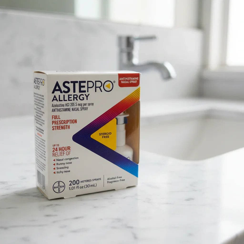 Astepro Allergy 200 spray nasal spray on marble bathroom countertop lifestyle image