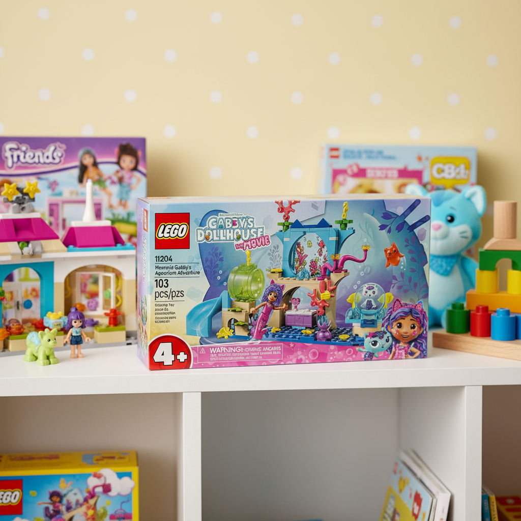 LEGO Gabby's Dollhouse Mermaid Gabby's Aquarium Adventure set 11204 factory-sealed retail box on bright white playroom shelf alongside other colorful LEGO sets and children's toys — cheerful gift-ready lifestyle scene