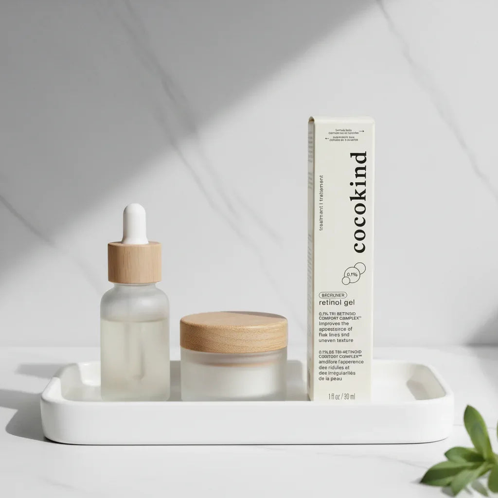 Modern minimalist vanity arrangement featuring Cocokind Retinol Gel white box beside glass dropper bottle and small jar, soft diffused light