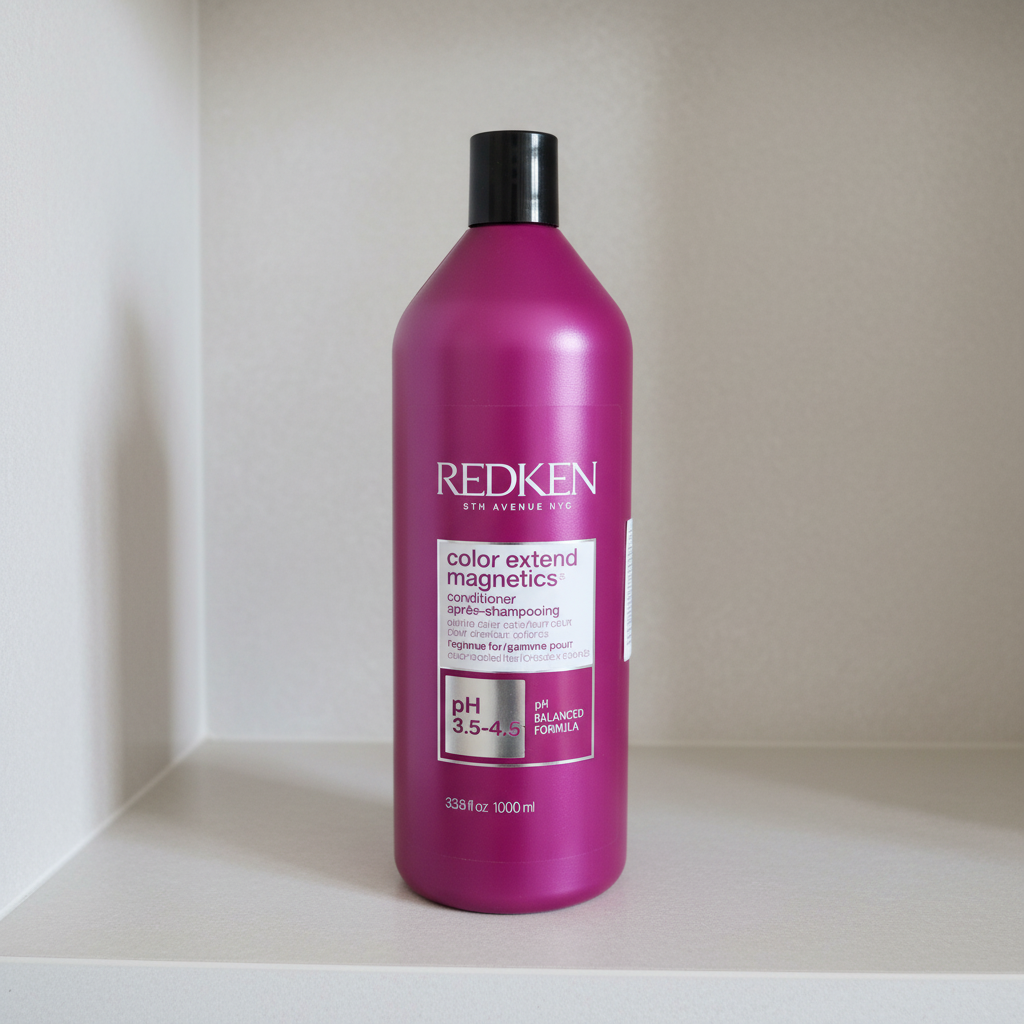 Redken Color Extend Magnetics Conditioner 33.8 fl oz / 1 L bottle on a neutral bathroom shelf