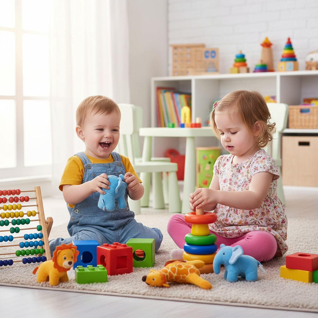 Young toddler boy and girl playing together with colorful educational toys and animal figures on playroom floor
