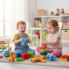 Young toddler boy and girl playing together with colorful educational toys and animal figures on playroom floor