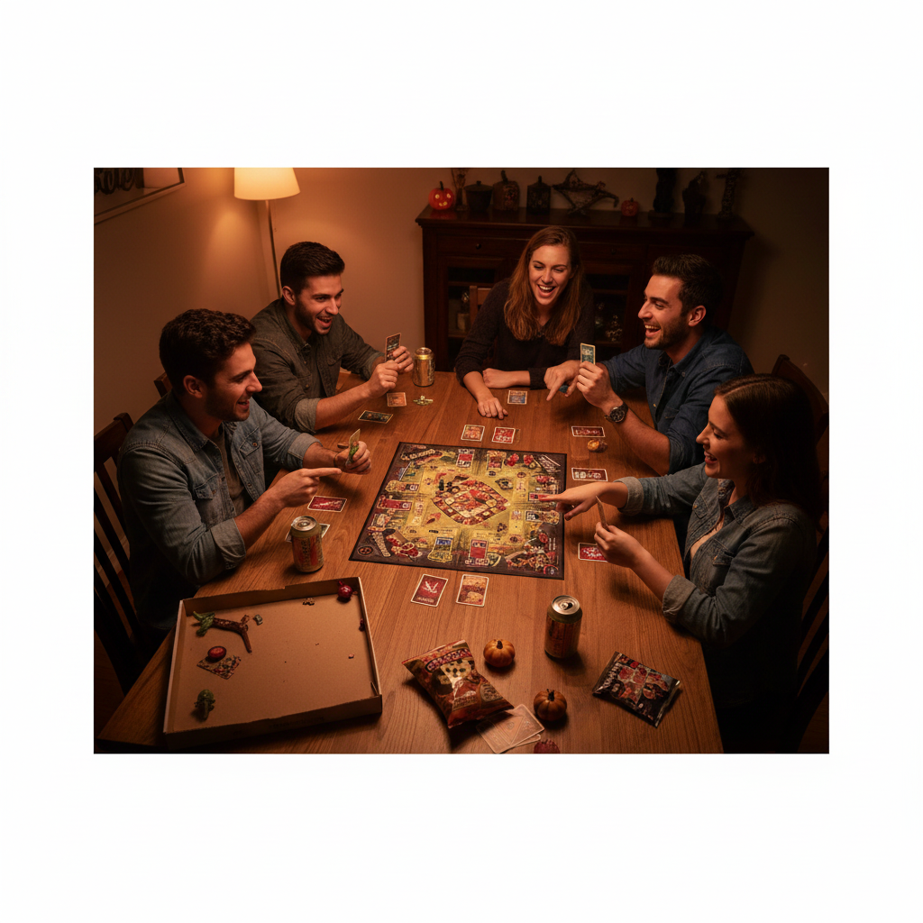 Zombie-opoly Board Game open and being played with friends laughing - zombie game pieces visible - More4less Outlet