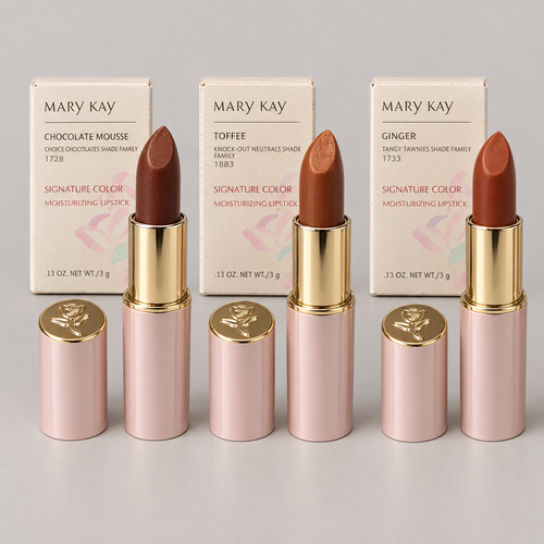 Mary Kay Signature Color Moisturizing Lipstick in Chocolate Mousse, Toffee and Ginger with boxes
