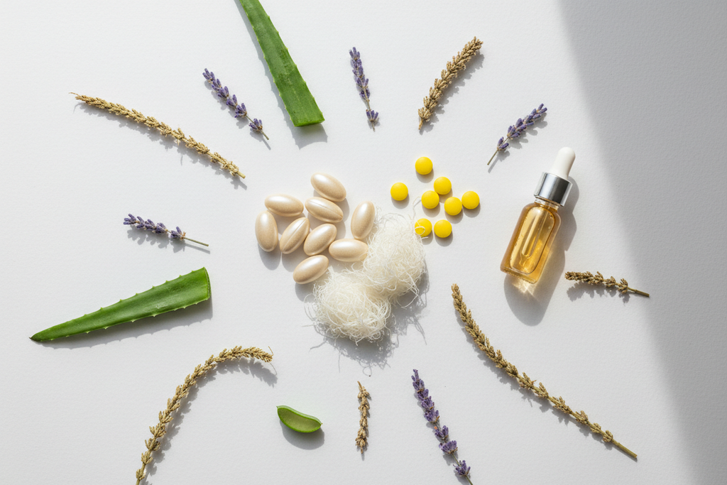 Biotin capsules keratin protein vitamin B complex and botanical extracts flat lay hair health ingredients lifestyle photo
