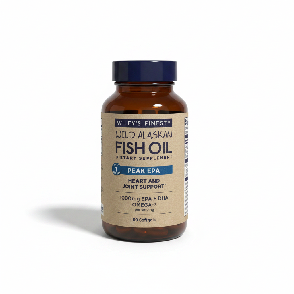 AI-generated contextual image of Wiley's Finest Peak EPA Wild Alaskan Fish Oil 60 Softgels on a white background