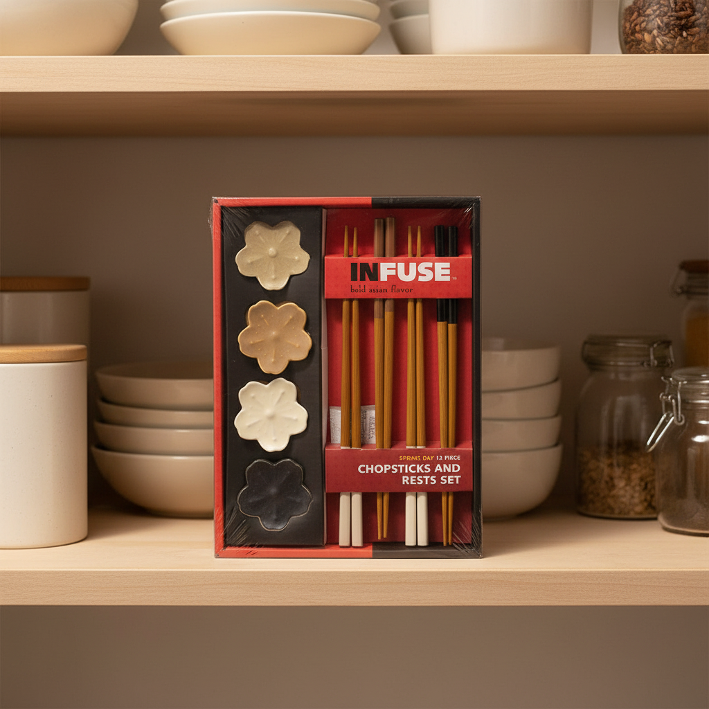 Infuse Spring Day Chopsticks and Rests Set box on organized kitchen pantry shelf next to minimalist tea containers