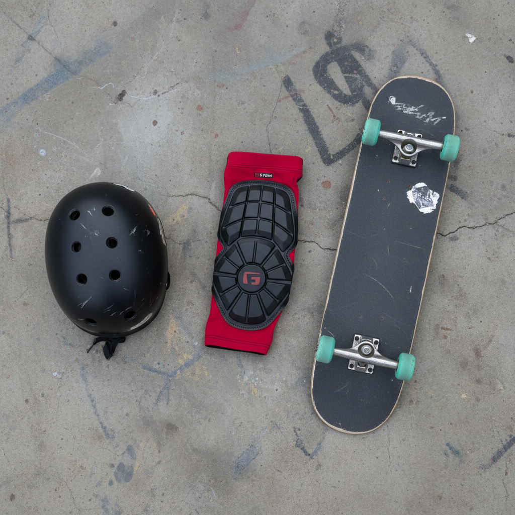 G-Form Elbow Pads Large flat lay on concrete skate park with skateboard and helmet