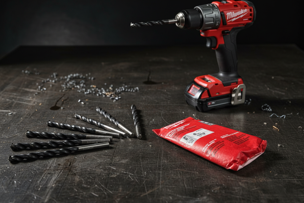 Milwaukee Thunderbolt 3/8 inch Black Oxide Drill Bits 6-pack fanned out on steel surface with cordless drill - More4less Outlet