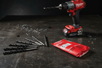 Milwaukee Thunderbolt 3/8 inch Black Oxide Drill Bits 6-pack fanned out on steel surface with cordless drill - More4less Outlet