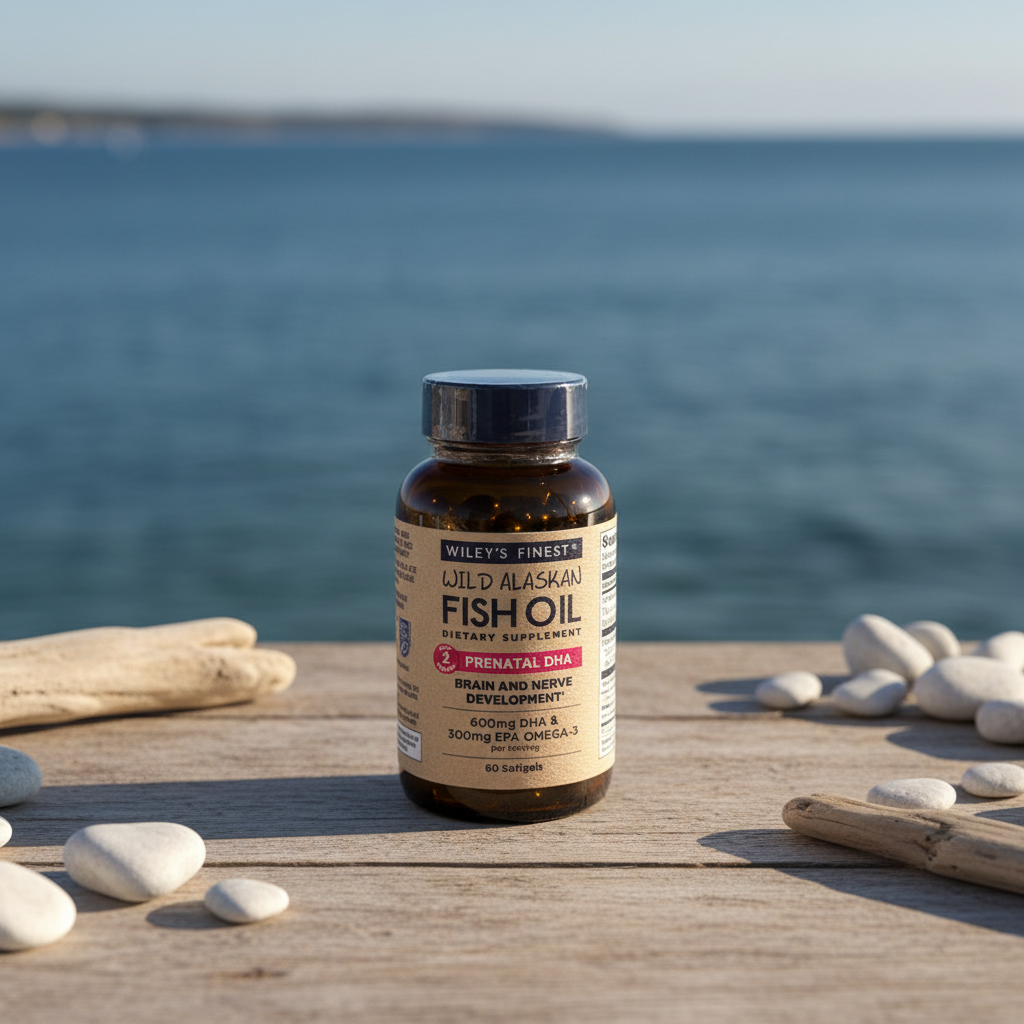 Lifestyle context image of Wiley's Finest Prenatal DHA Fish Oil 60 softgels (AI-generated for visual illustration only) – wooden surface ocean wellness setting – More4less Outlet