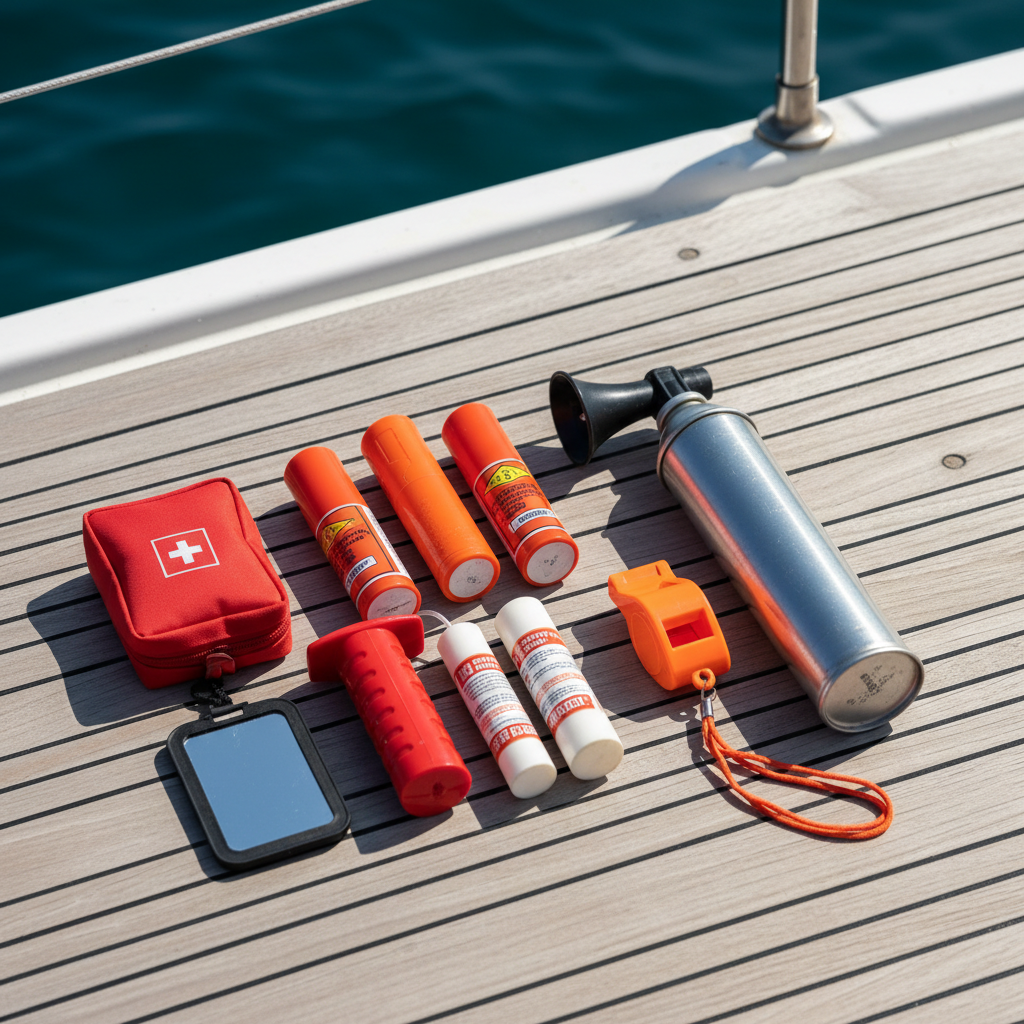 Marine safety kit flat lay on boat deck including signal horn canister, flares, and whistle