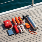 Marine safety kit flat lay on boat deck including signal horn canister, flares, and whistle
