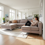 Person on couch charging iPhone with extra-long 8ft colorful braided Kevlar USB-A to Lightning cable reaching across the room — More4less Outlet