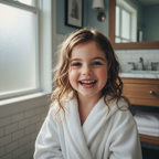 Happy child with clean healthy hair smiling after hair care treatment, family wellness lifestyle photography