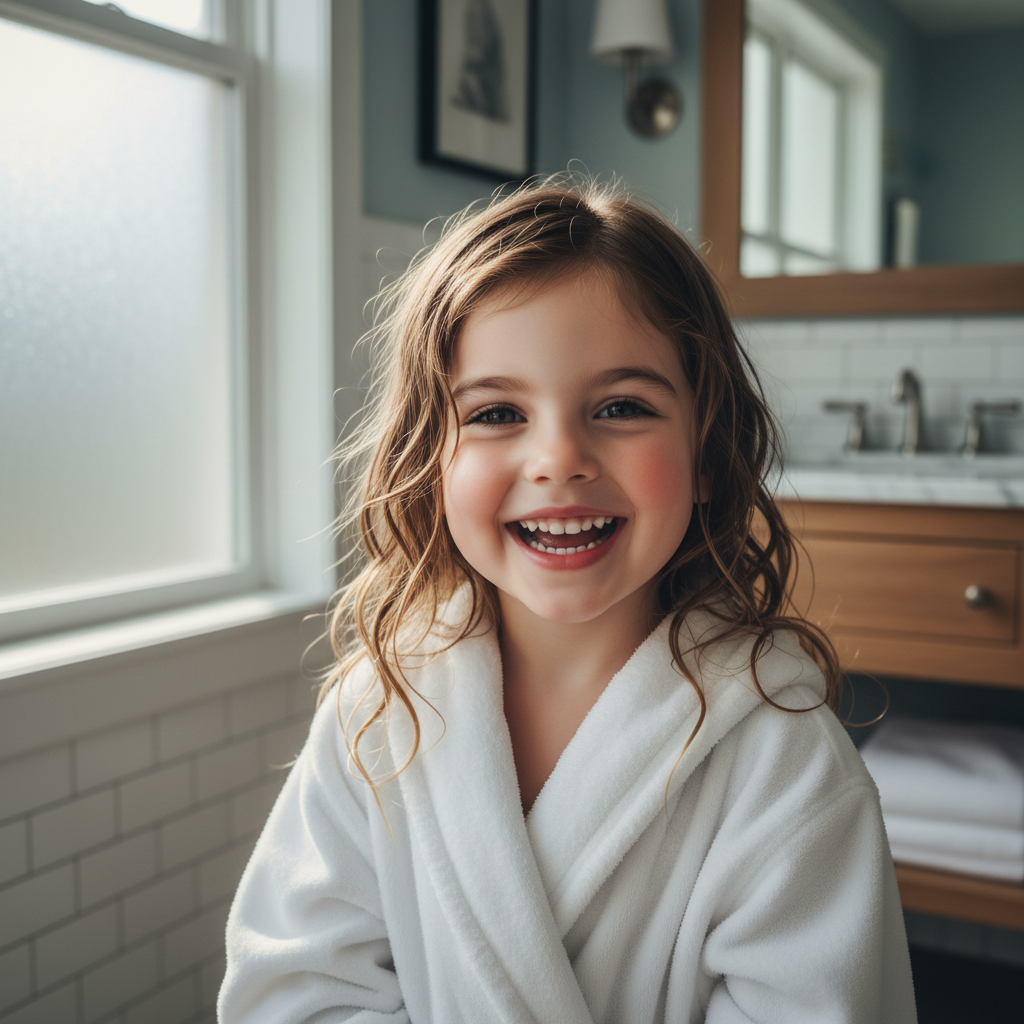 Happy child with clean healthy hair smiling after hair care treatment, family wellness lifestyle photography
