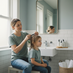 Parent gently combing child's hair with a fine-tooth comb in a bright bathroom, family health care lifestyle