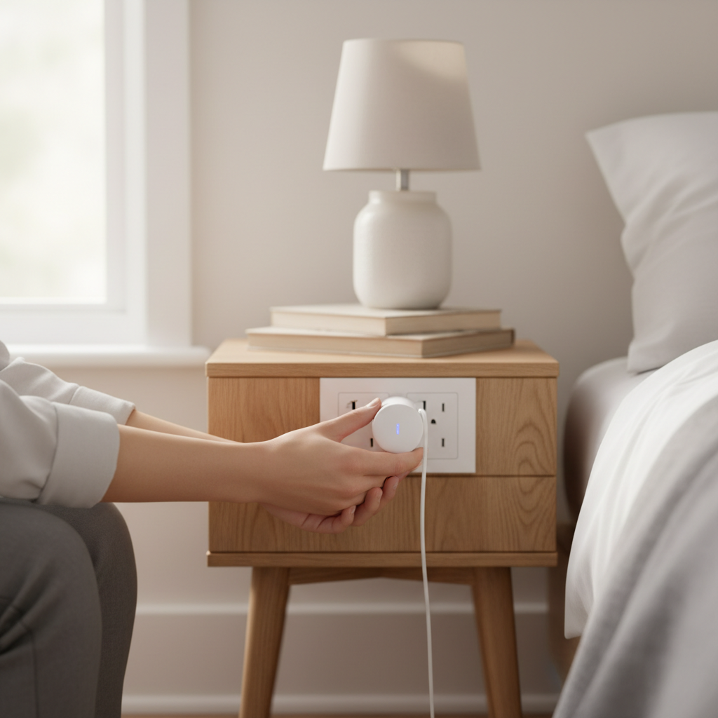 Person plugging white smart plug module into wall socket next to bedroom nightstand