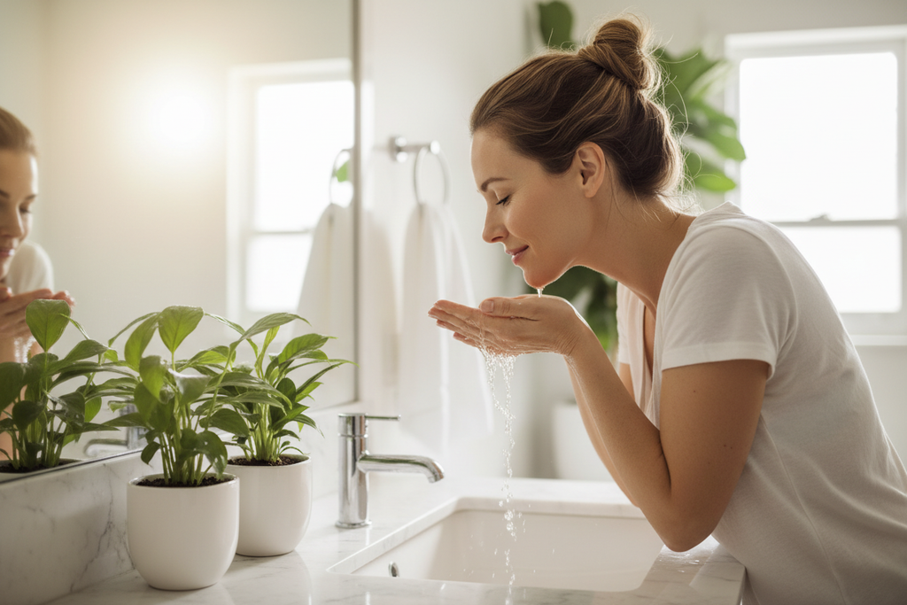 Woman washing face at clean white bathroom sink with glowing skin - skincare routine lifestyle