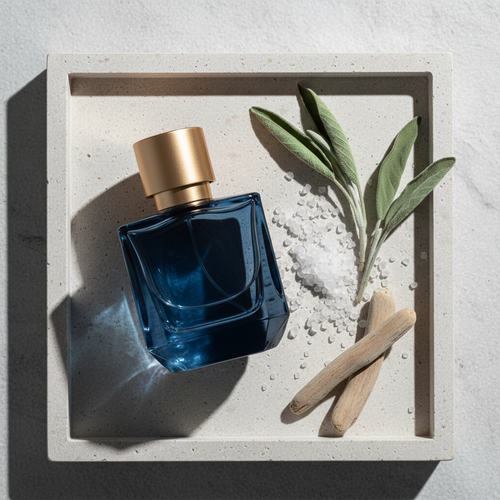 Flat-lay of blue fragrance bottle with sea salt crystals, dried sage, and driftwood on stone tray