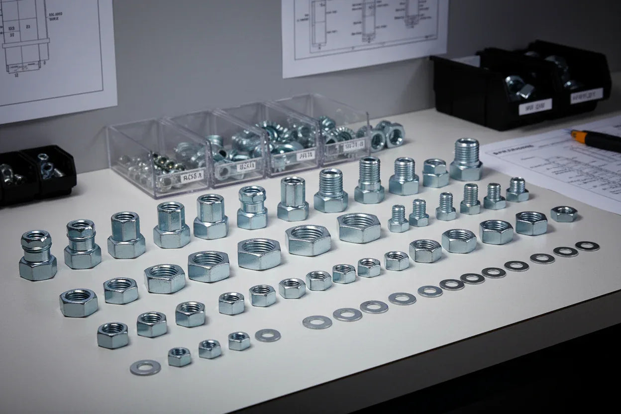 Assorted silver metallic nuts and industrial appliance hardware organized in professional workspace