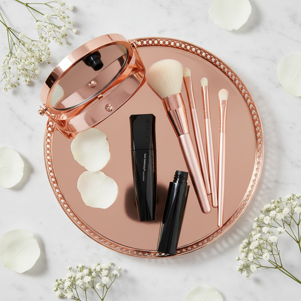 Mary Kay Lash Intensity Mascara Black angular faceted tube on a rose-gold vanity tray with makeup brushes, a small mirror, and soft white flowers on white marble — feminine beauty flat-lay