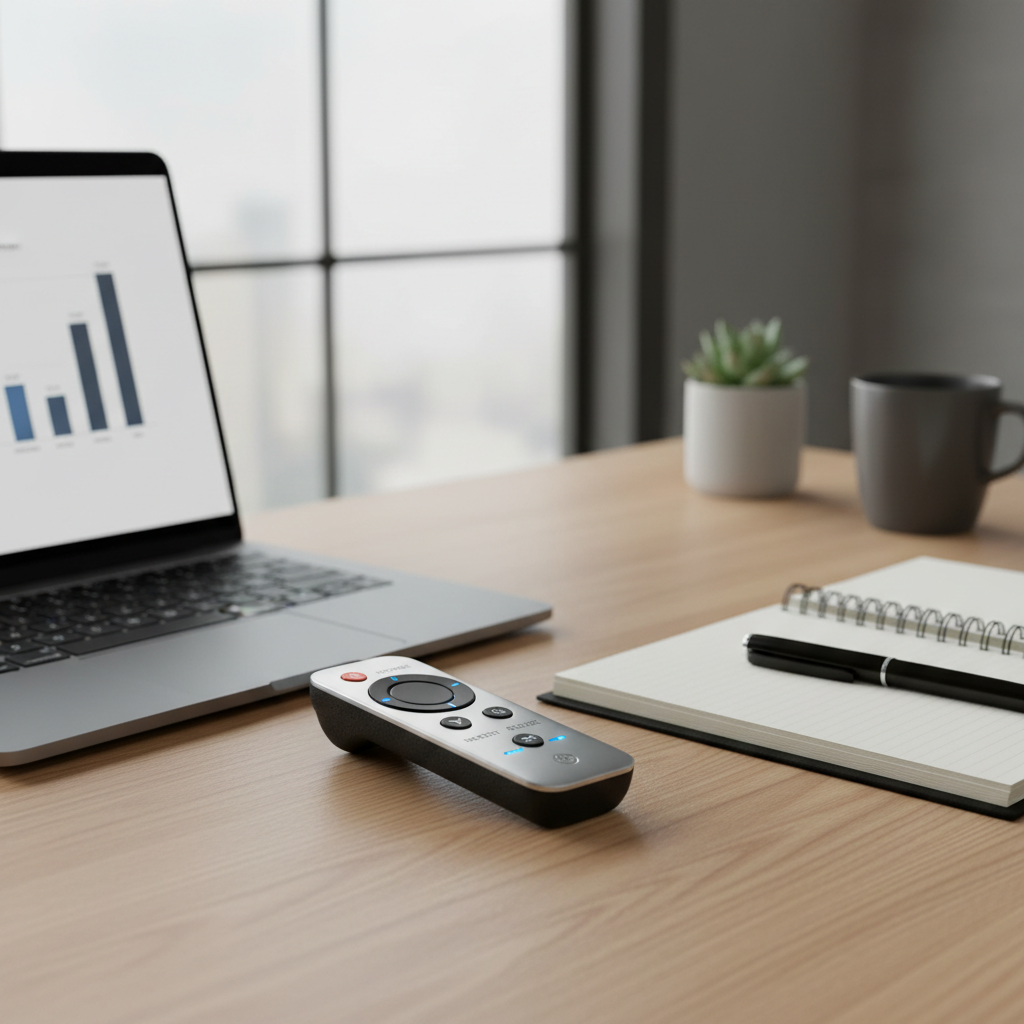 Silver black wireless presentation clicker remote on wooden office desk next to laptop and notebook clean professional workspace natural light