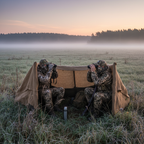 Two hunters in camouflage sitting in a hunting blind at sunrise glassing a misty field with binoculars