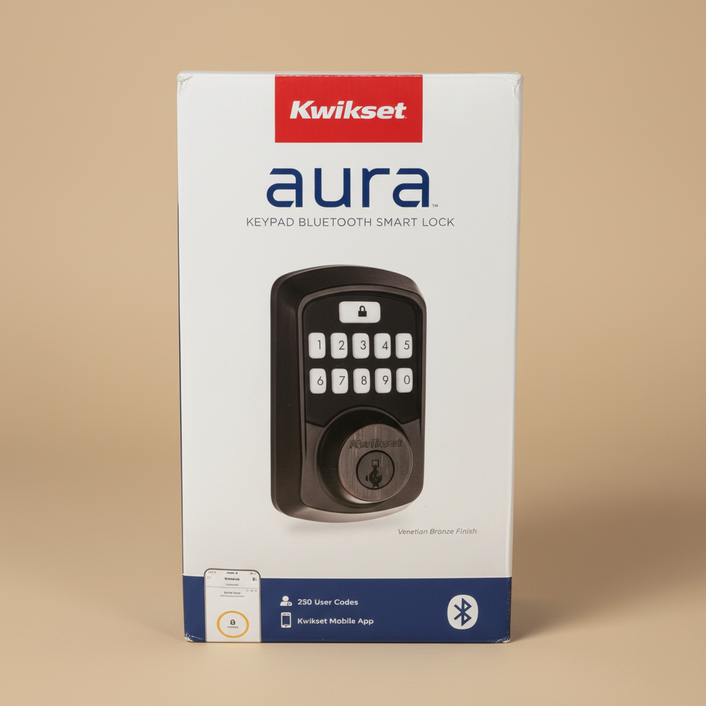 Kwikset Aura Bluetooth keypad smart lock in its original retail box in a neutral setting