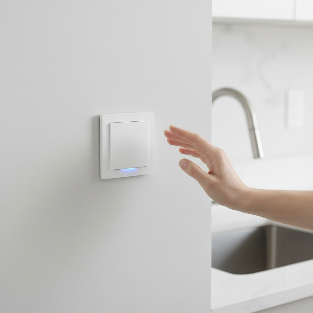 Hand waving in front of white adorne Wave touchless switch near kitchen sink
