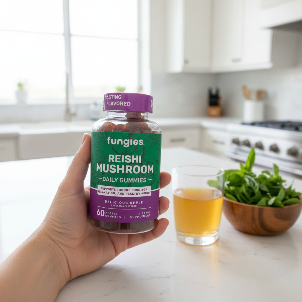Person holding Fungies Reishi Mushroom Gummies in kitchen with apple juice and fresh herbs – More4less Outlet