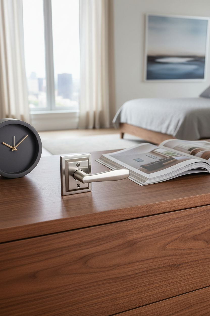 Baldwin Prestige Torrey Satin Nickel lever on walnut dresser with designer clock and interior design magazine