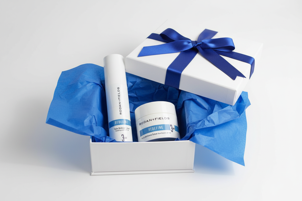 Rodan + Fields REDEFINE Triple Defense 3AM set lotion and cream as luxury anti-aging skincare gift in white gift box with blue tissue paper and ribbon – More4less Outlet
