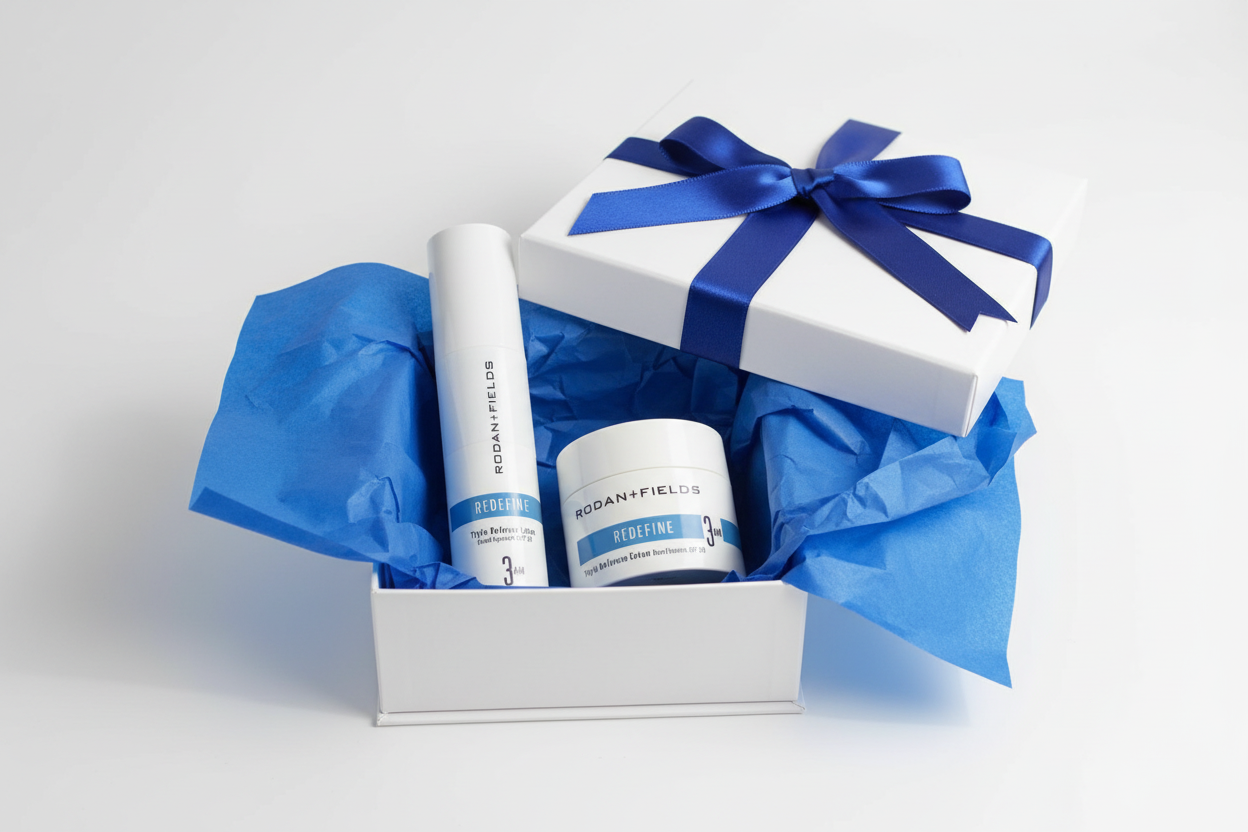 Rodan + Fields REDEFINE Triple Defense 3AM set lotion and cream as luxury anti-aging skincare gift in white gift box with blue tissue paper and ribbon – More4less Outlet