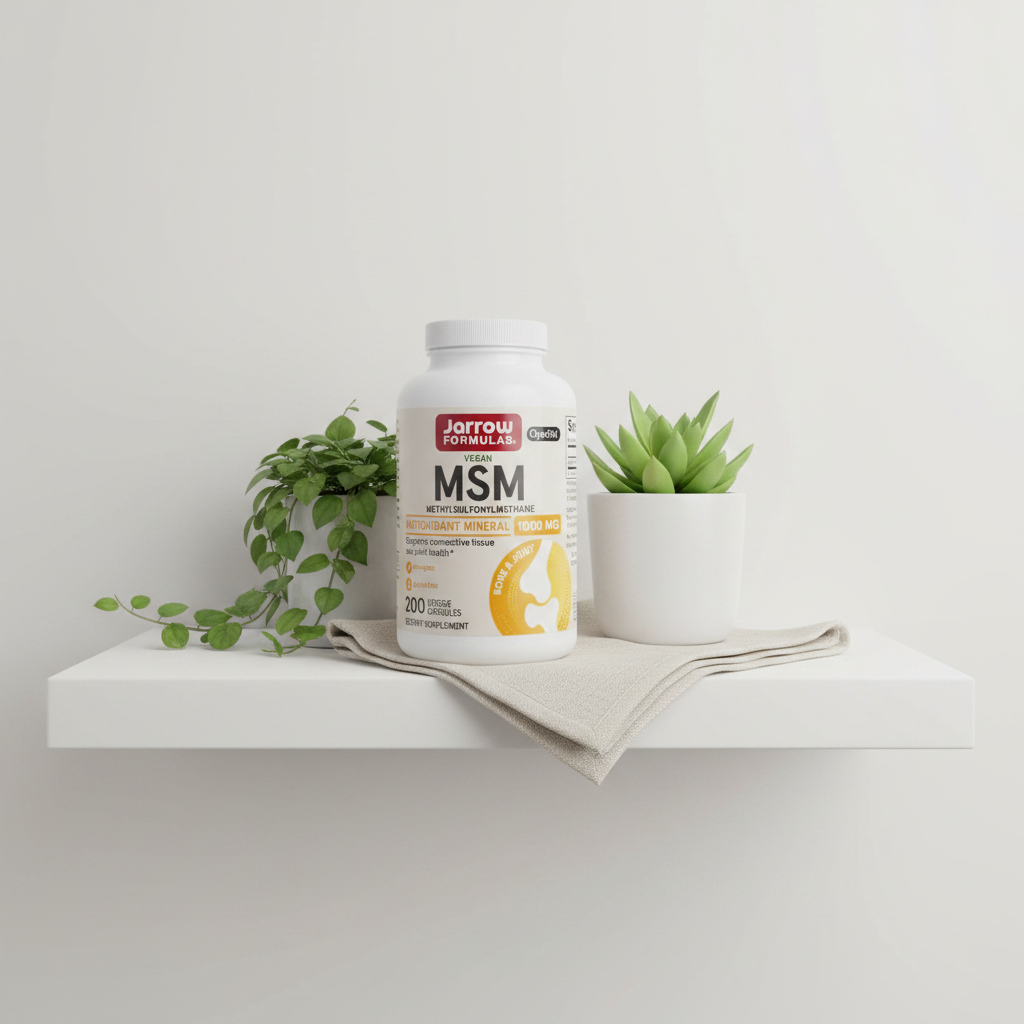 Jarrow Formulas Vegan MSM 1000mg supplement bottle on minimalist white shelf with green plants – clean wellness product display