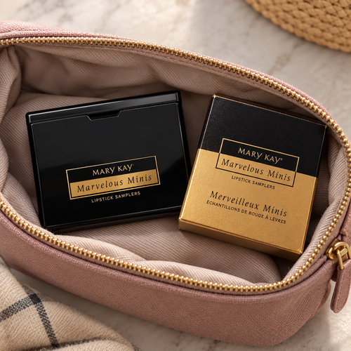 Mary Kay Marvelous Minis Cool lipstick compact and box packed in a travel makeup bag
