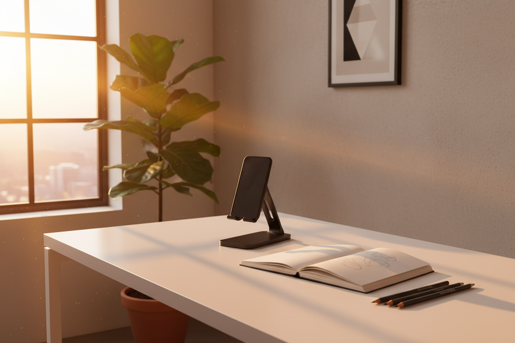 Minimalist artist workspace with Cupixel device stand at golden hour — More4less Outlet