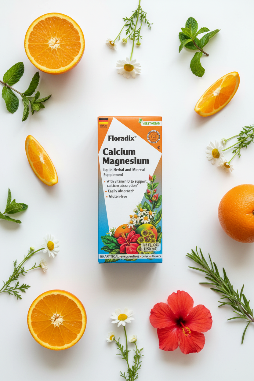 Floradix Calcium Magnesium Liquid Supplement 250ml box flat lay with fresh oranges, chamomile flowers, hibiscus blooms, and green herbs on a white surface – More4less Outlet