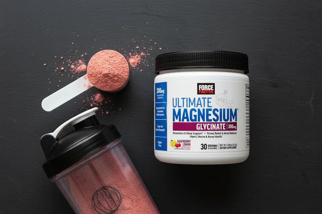 Flat lay of supplement powder scoop and shaker bottle on slate surface fitness aesthetic