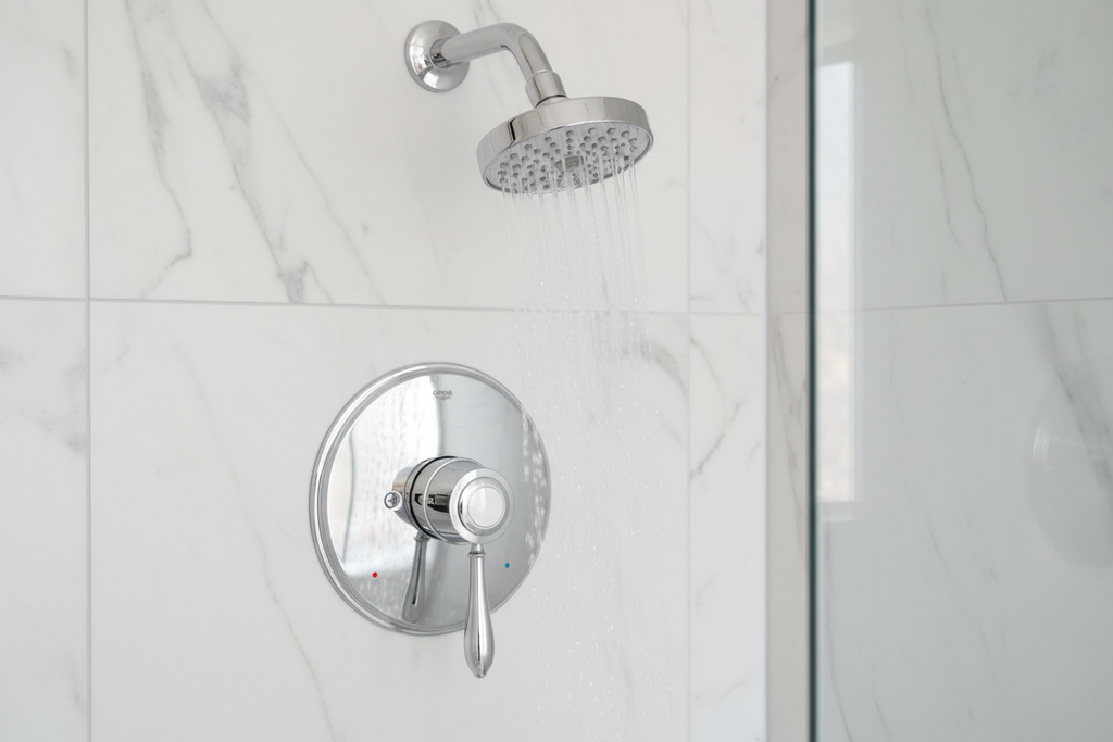 Grohe Fairborn polished chrome shower trim set in minimalist spa bathroom with white marble tile and refreshing water stream from chrome shower head