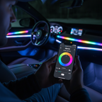 Smartphone showing Alpena Auto app color wheel flow controls car interior multicolor LED strips Bluetooth smart lighting night - More4less Outlet