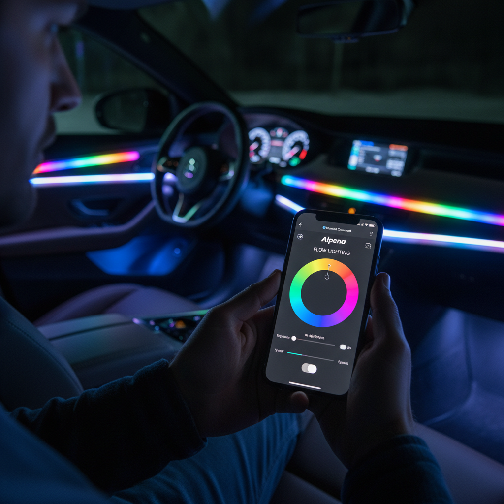 Smartphone showing Alpena Auto app color wheel flow controls car interior multicolor LED strips Bluetooth smart lighting night - More4less Outlet