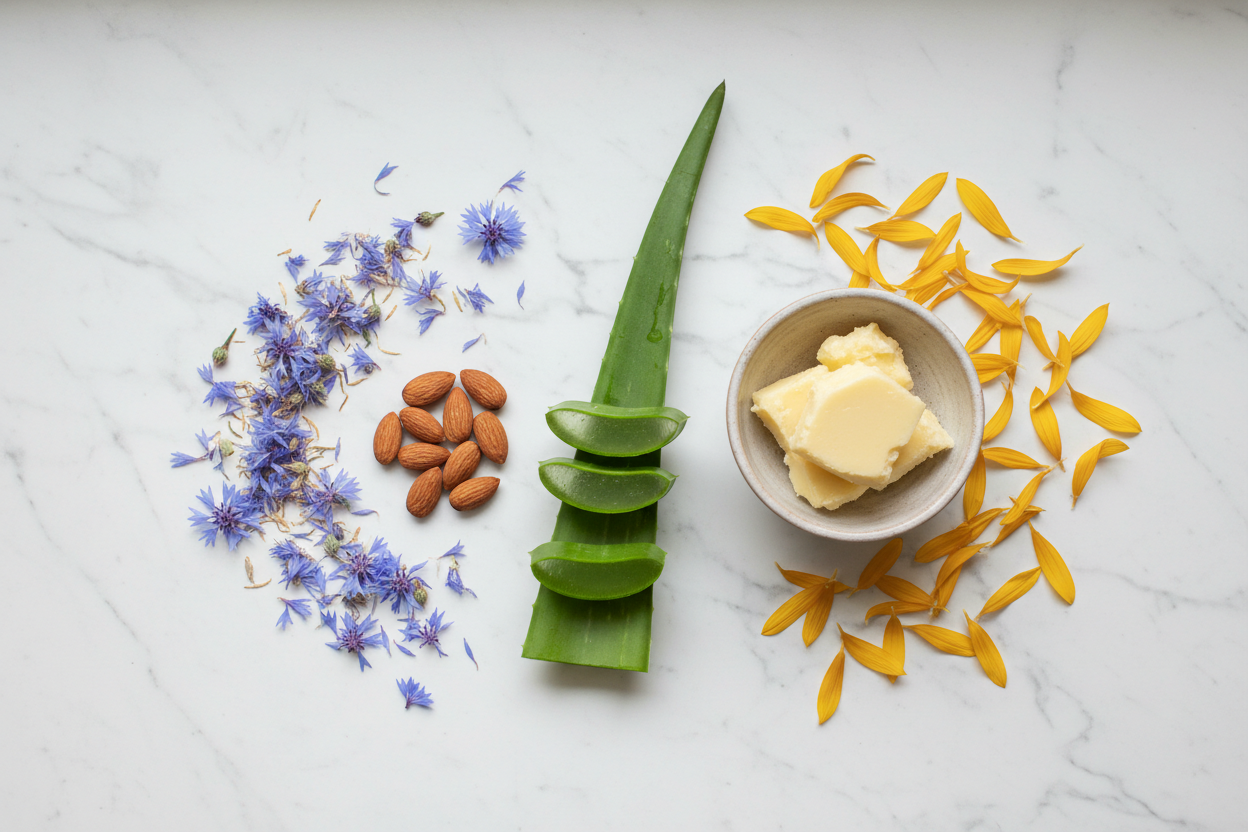 Natural skincare ingredients including cornflowers sweet almonds shea butter and aloe vera on white marble