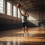 Teen basketball player shooting a jump shot in gym with perfect wrist follow-through during training