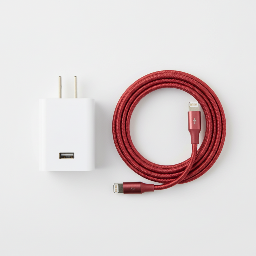 Flat lay of white USB-C wall charger and cranberry braided Lightning cable bundle on white surface — More4less Outlet