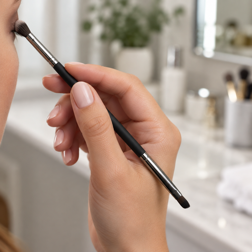 AI-generated lifestyle photo of a hand applying eyeshadow with the Mary Kay Dual-Ended Eye Definer and Eye Crease Brush