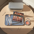 Lifestyle image - elegant vanity flatlay with silver makeup organizer case and beauty palettes, editorial styling for visual context only