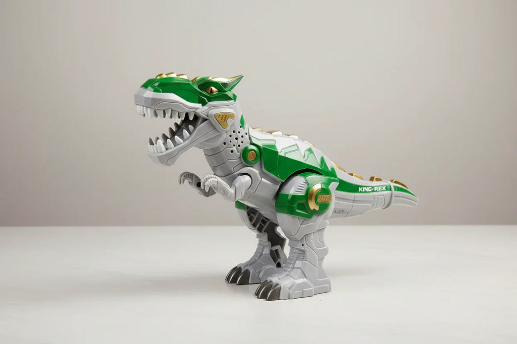 Studio tabletop view of Vivitar Robo King-Rex green and grey electronic dinosaur toy