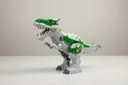 Studio tabletop view of Vivitar Robo King-Rex green and grey electronic dinosaur toy